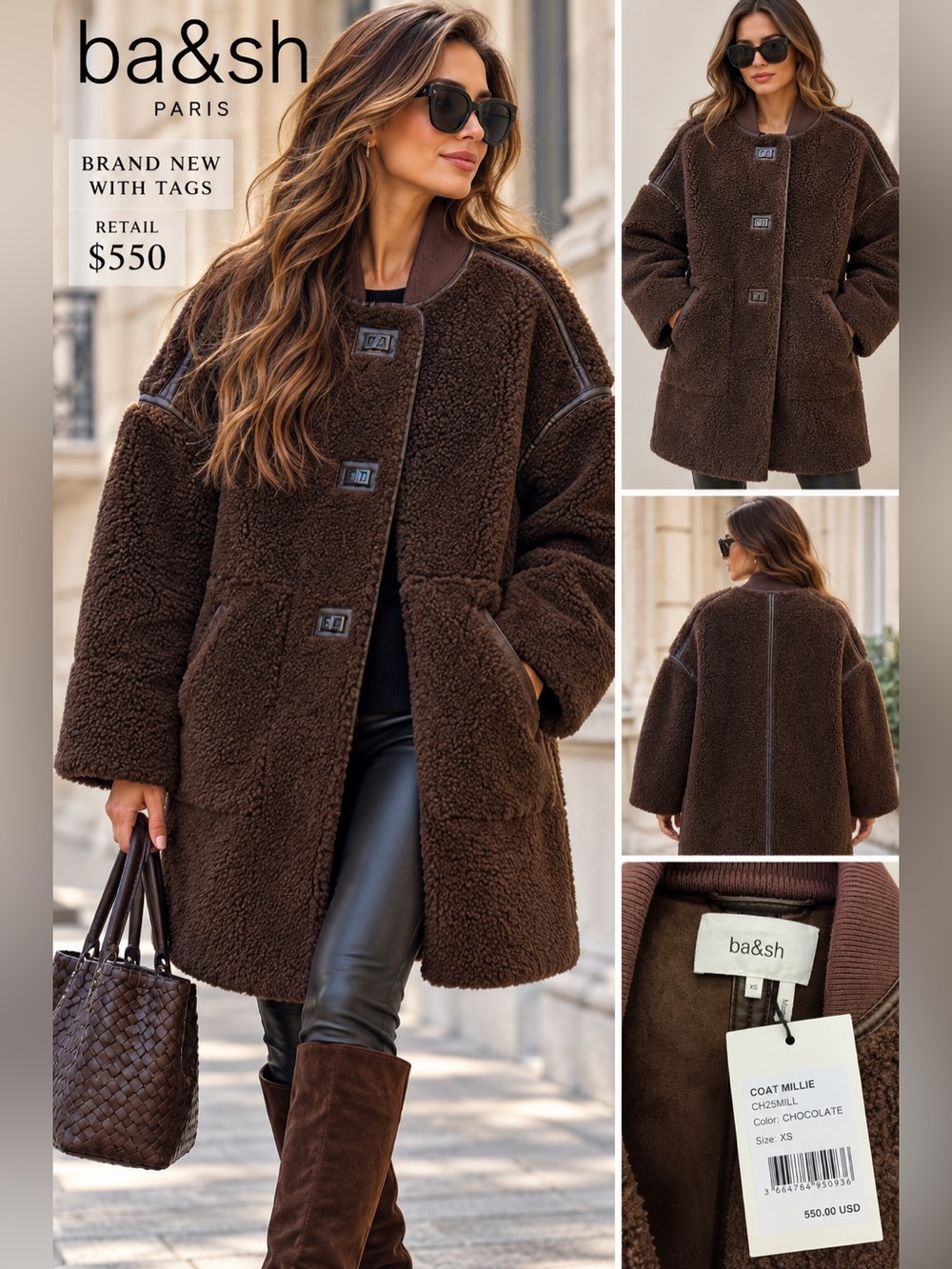 ba&sh Paris NWT Chocolate Brown Teddy Shearling Coat XS